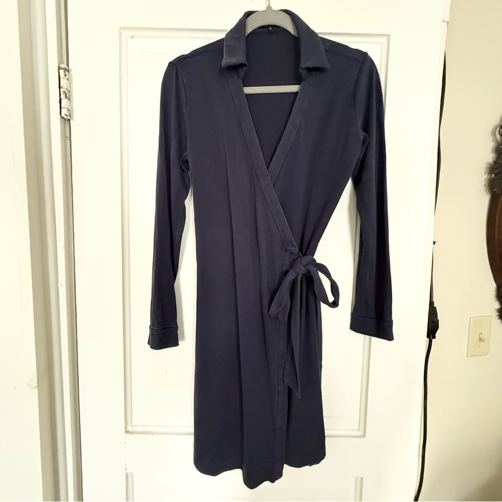 Quince Elegant Wrap Midi Dress in Navy